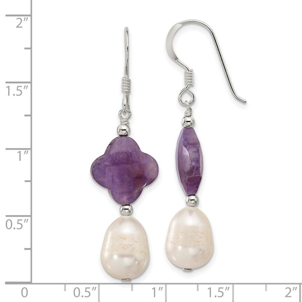 Curata 925 Sterling Silver 13x47.5mm Amethyst and Cultured Pearl Hook Earrings