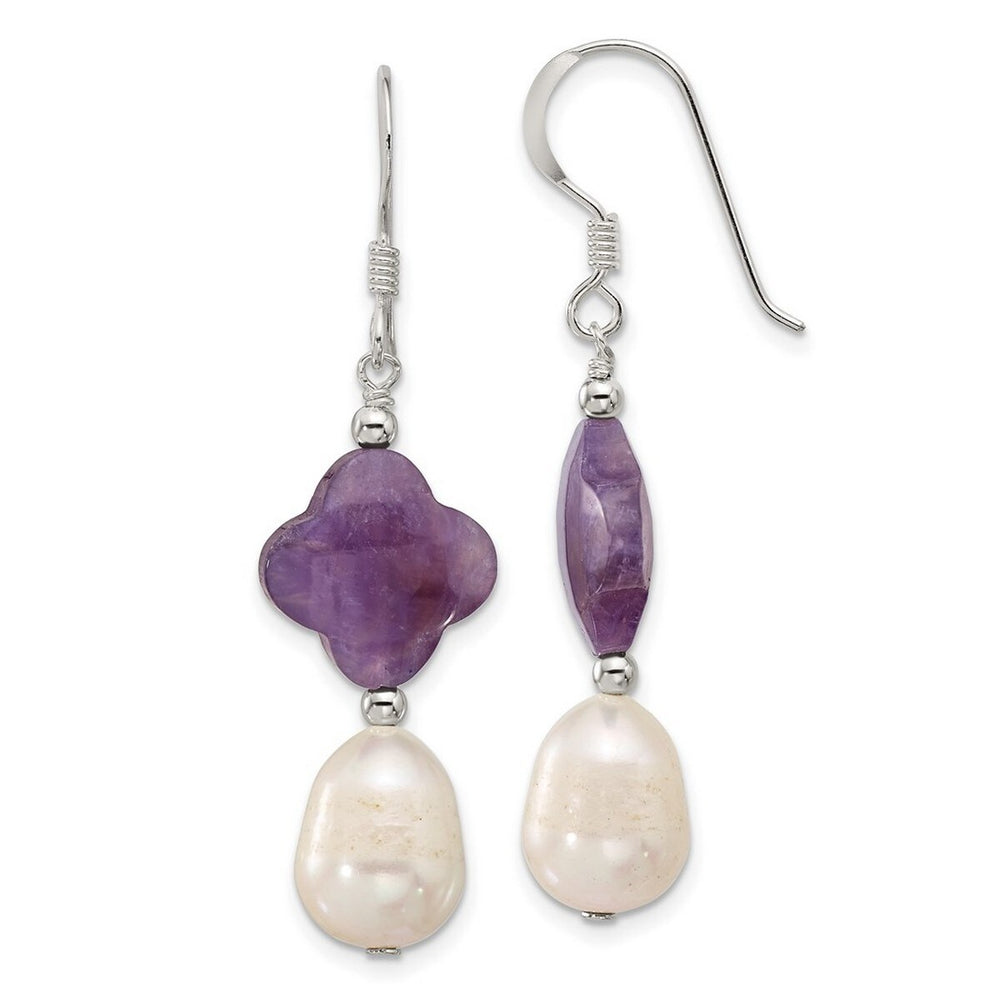 Curata 925 Sterling Silver 13x47.5mm Amethyst and Cultured Pearl Hook Earrings