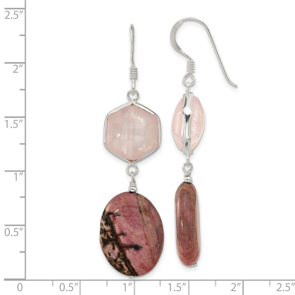 Curata 925 Sterling Silver 15x58.5mm Rose Quartz and Rhodonite Hook Earrings