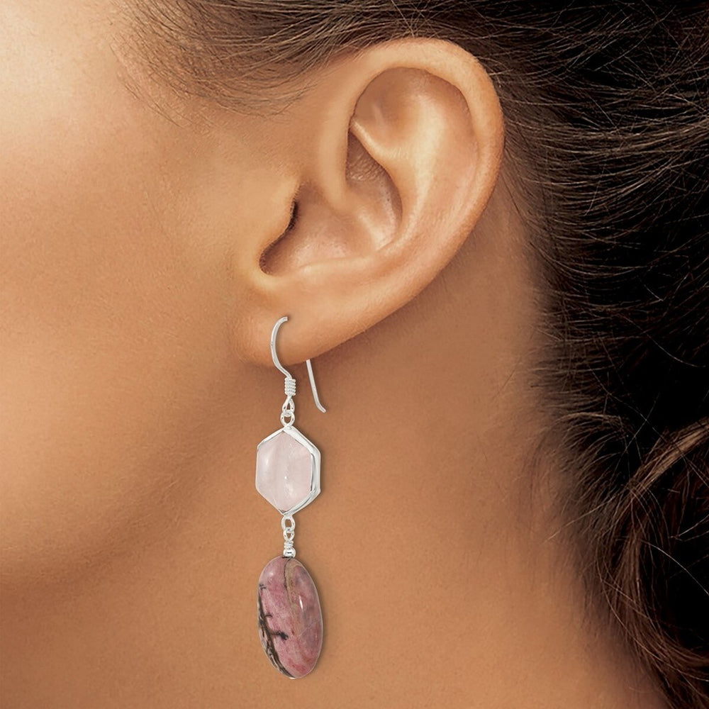 Curata 925 Sterling Silver 15x58.5mm Rose Quartz and Rhodonite Hook Earrings