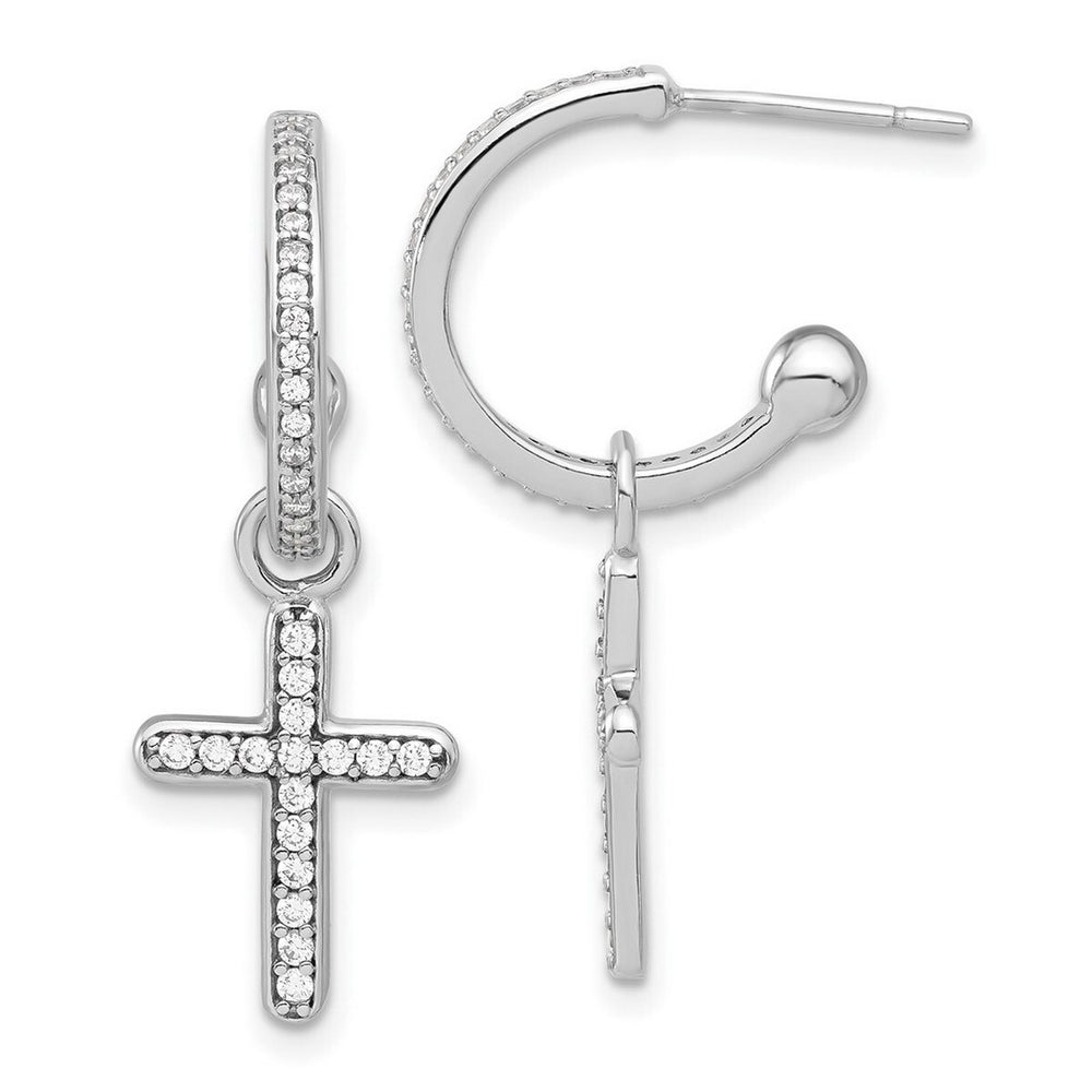 Curata 925 Sterling Silver 16.6x32mm Beaded Cubic Zirconia Dangle Cross Hoop Post Earrings