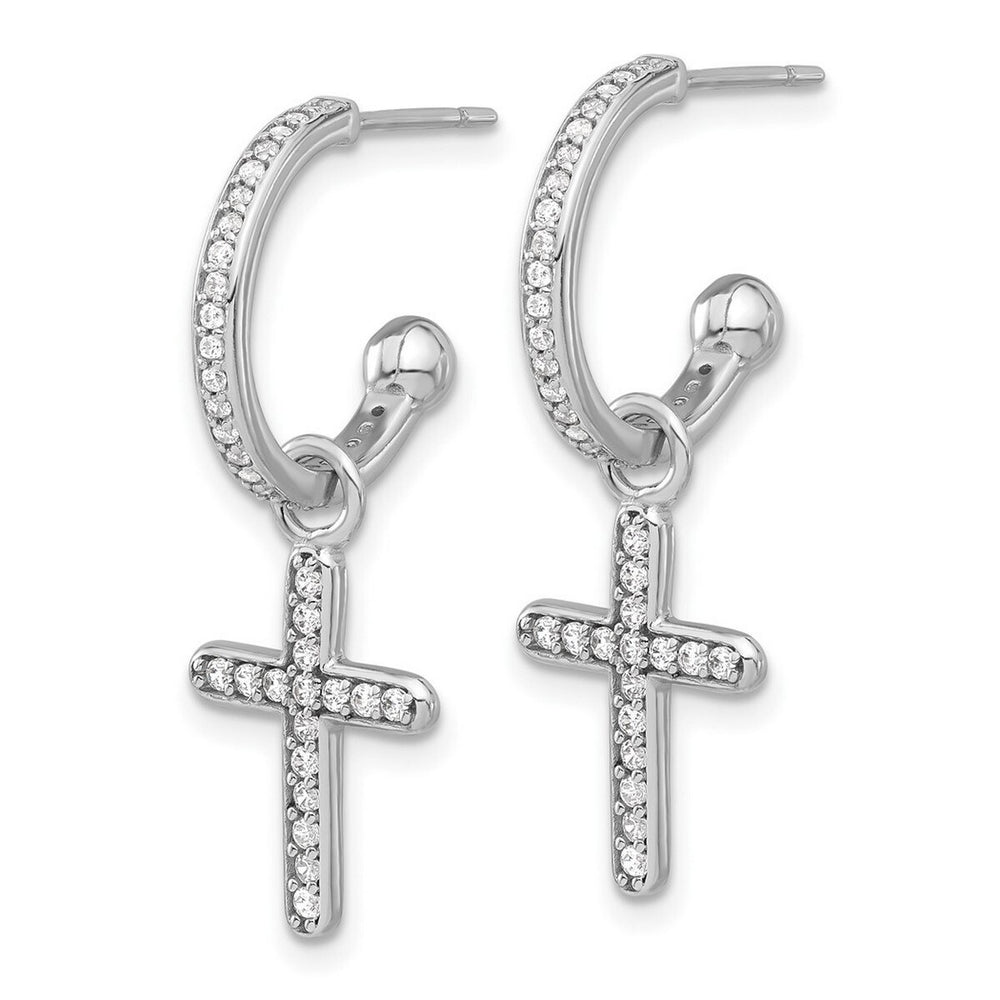 Curata 925 Sterling Silver 16.6x32mm Beaded Cubic Zirconia Dangle Cross Hoop Post Earrings