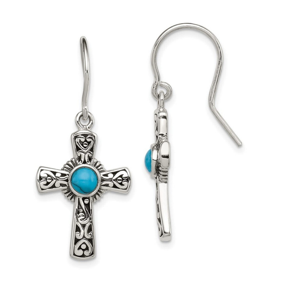 Curata 925 Sterling Silver 16x33mm Polished Simulated Turquoise Cross Hook Earrings