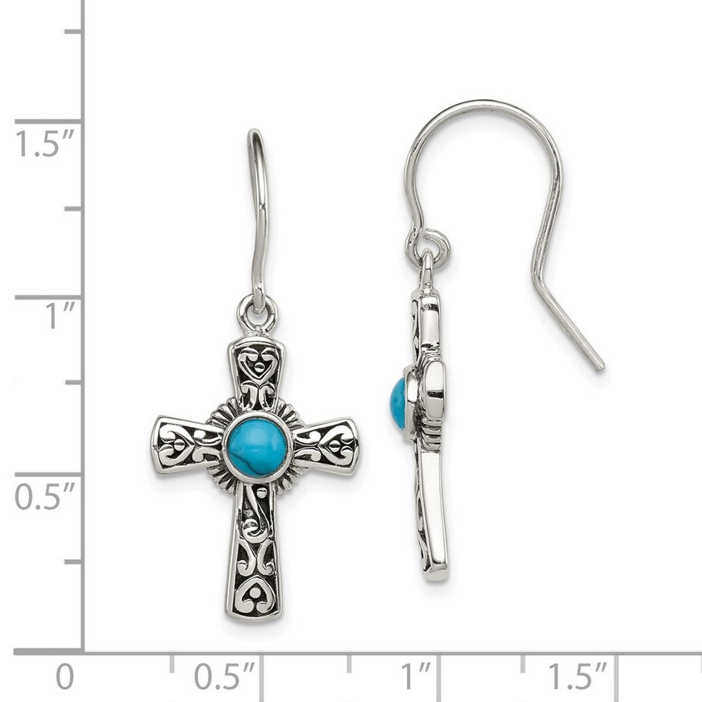 Curata 925 Sterling Silver 16x33mm Polished Simulated Turquoise Cross Hook Earrings