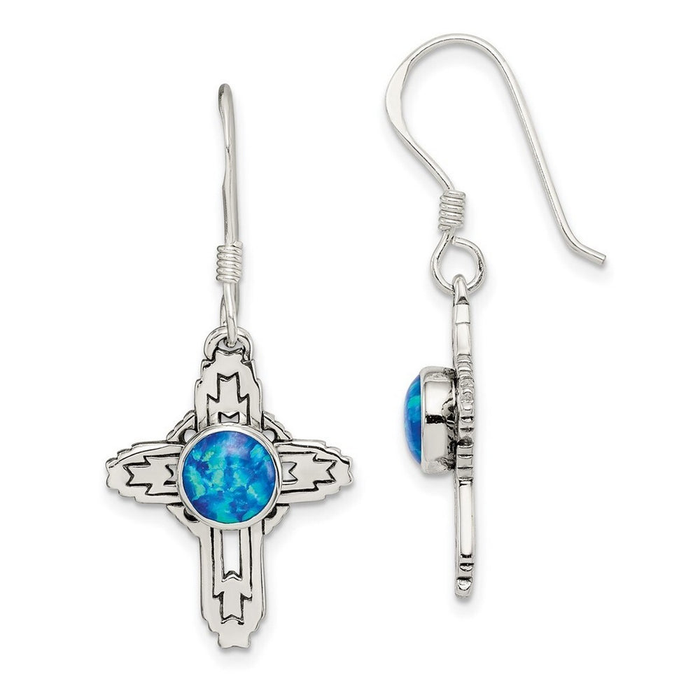 Curata 925 Sterling Silver 17x36mm Hook Simulated Opal Cross Dangle Earrings