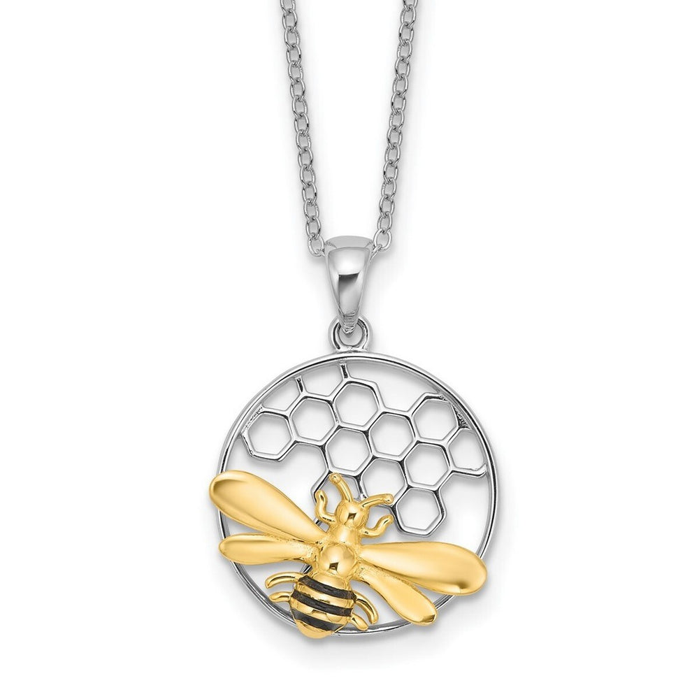 Curata 925 Sterling Silver 18" 17.7mm Rhodium Gold Plated Enameled Bee in Hive Necklace