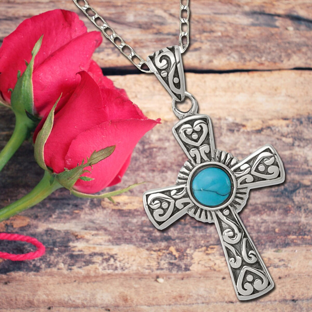 Curata 925 Sterling Silver 18" 20mmx32mm Oxidized Artisan Turquoise Cross Necklace