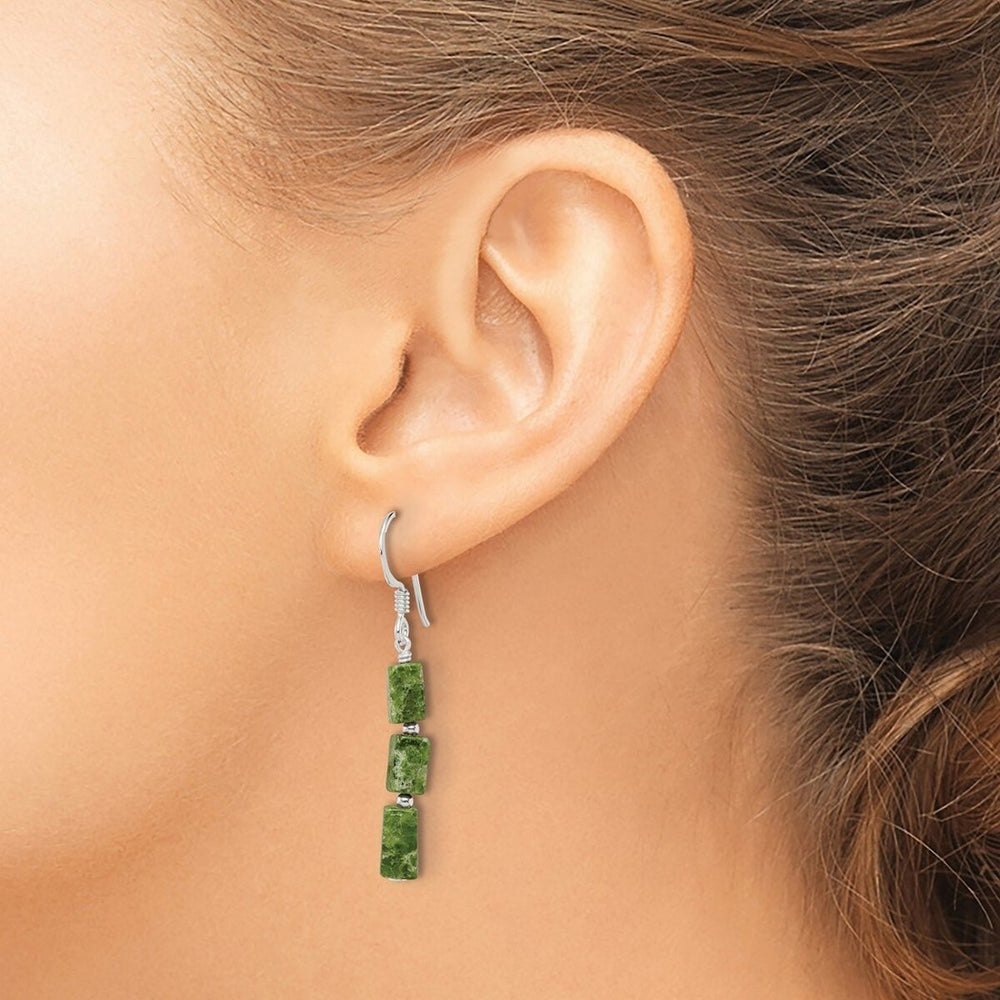 Curata 925 Sterling Silver 4x42mm Hook Green Russian Serpentine Stone Dangle Earrings