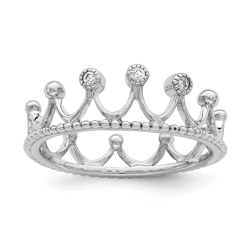 Curata 925 Sterling Silver 6.6mm Rhodium Plated Cubic Zirconia Crown Ring