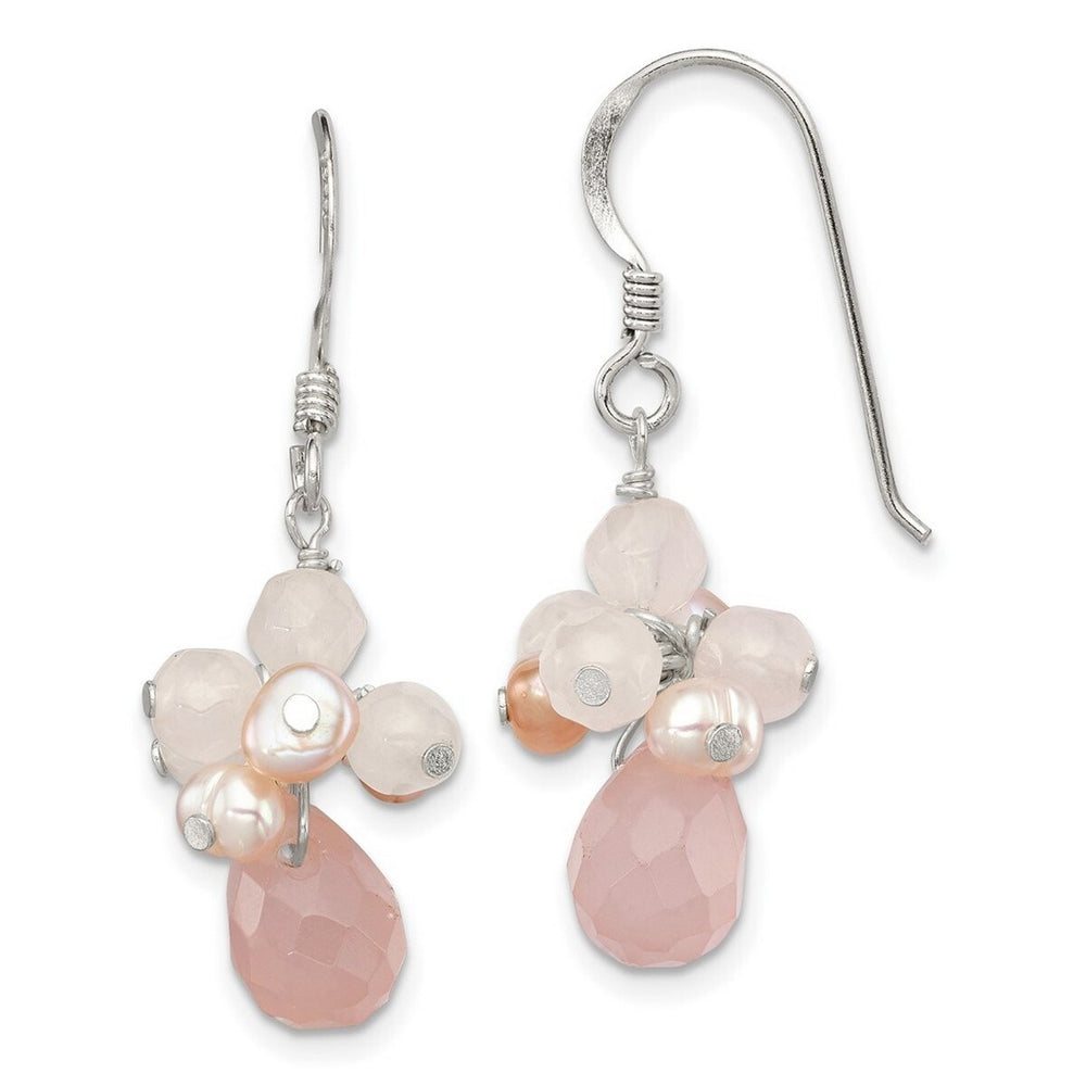 Curata 925 Sterling Silver 6x34mm Rose Quartz Cultured Pink Pearl Dangle Hook Earrings