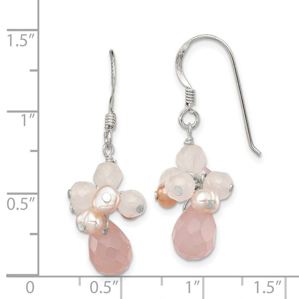 Curata 925 Sterling Silver 6x34mm Rose Quartz Cultured Pink Pearl Dangle Hook Earrings