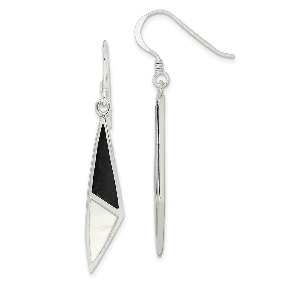 Curata 925 Sterling Silver 6x46mm Onyx and Mother of Pearl Dangle Hook Earrings