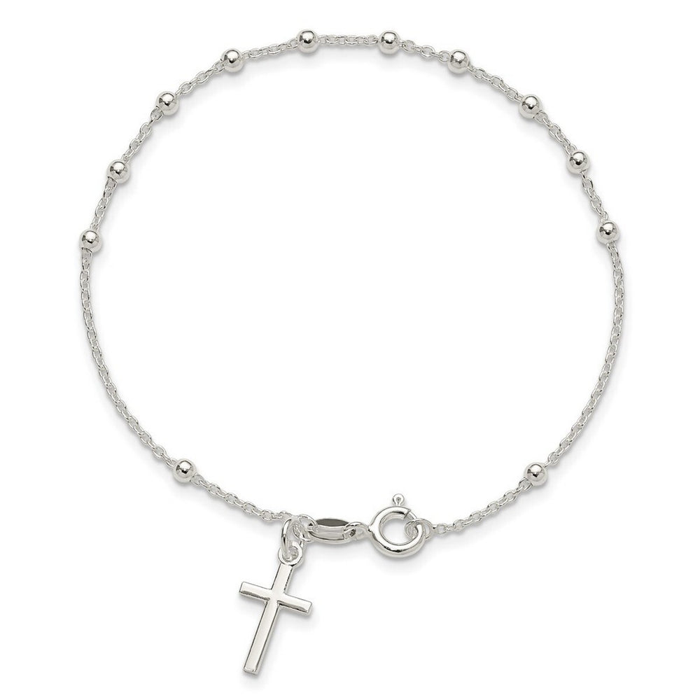 Curata 925 Sterling Silver 7.5" Beaded Dangle Cross Charm Bracelet