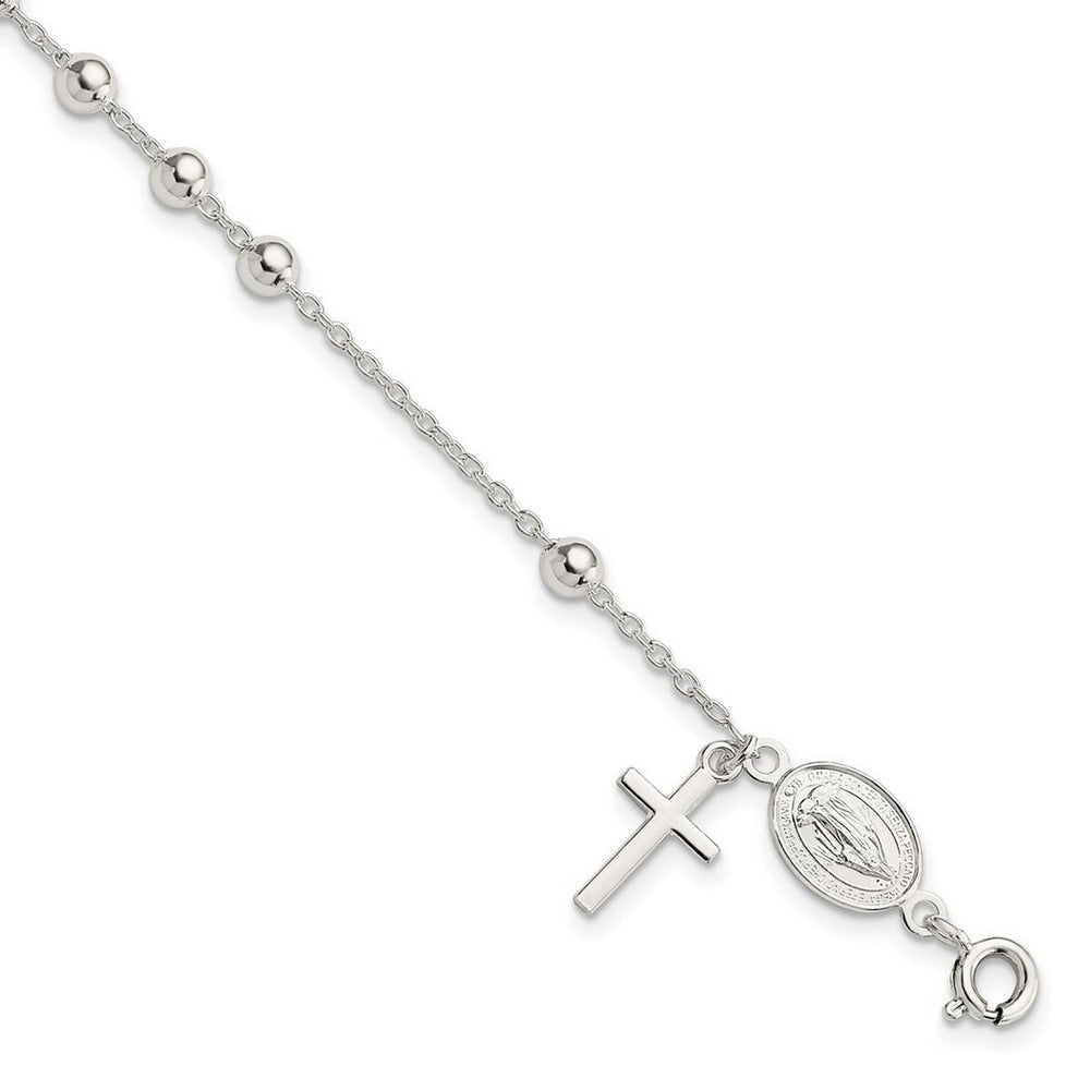 Curata 925 Sterling Silver 7.5" Polished Rosary Dangle Cross Bracelet