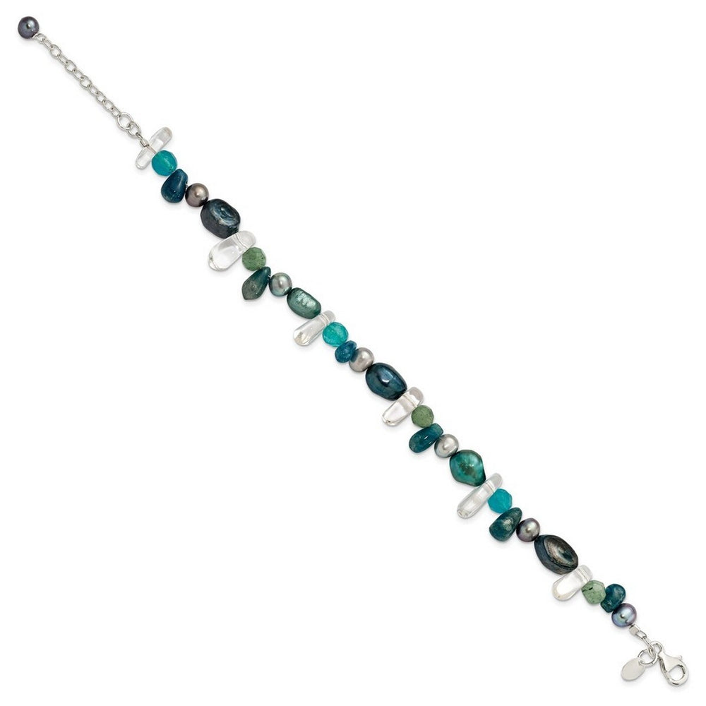 Curata 925 Sterling Silver 7.75" Aventurine Blue Quartz and Cultured Pearl Bracelet (Lobster)