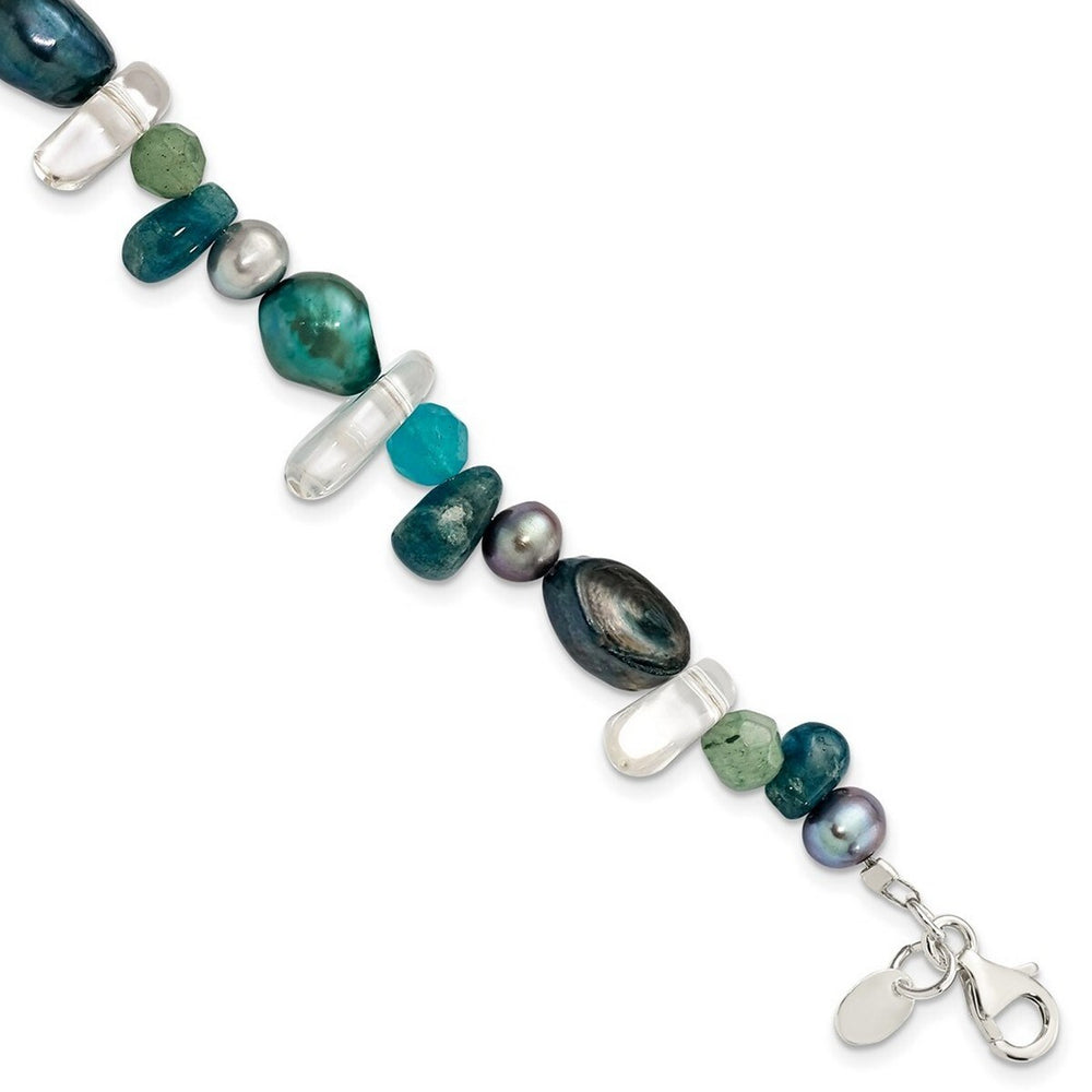 Curata 925 Sterling Silver 7.75" Aventurine Blue Quartz and Cultured Pearl Bracelet (Lobster)