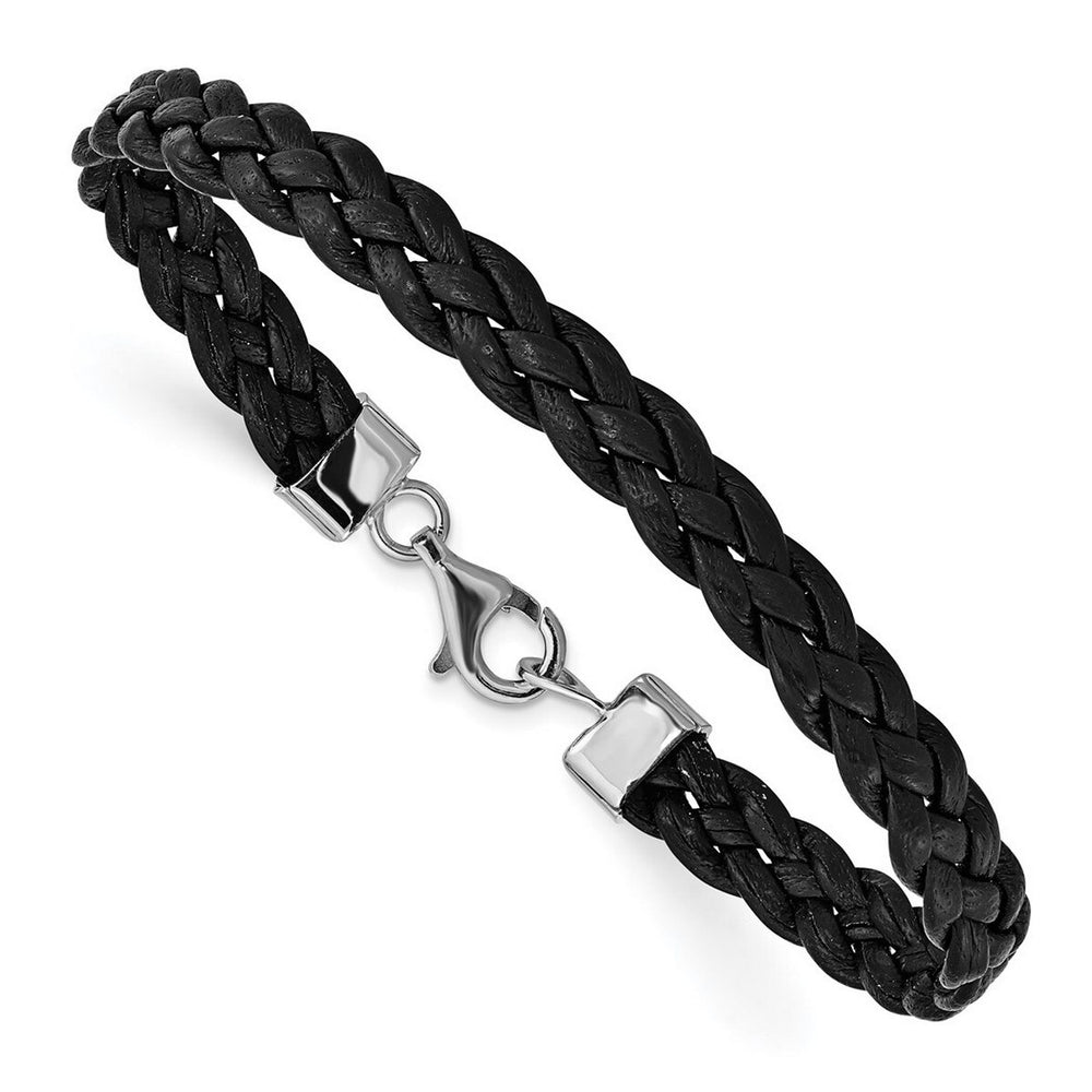 Curata 925 Sterling Silver 7" 8mm Black Leather Braided Bracelet