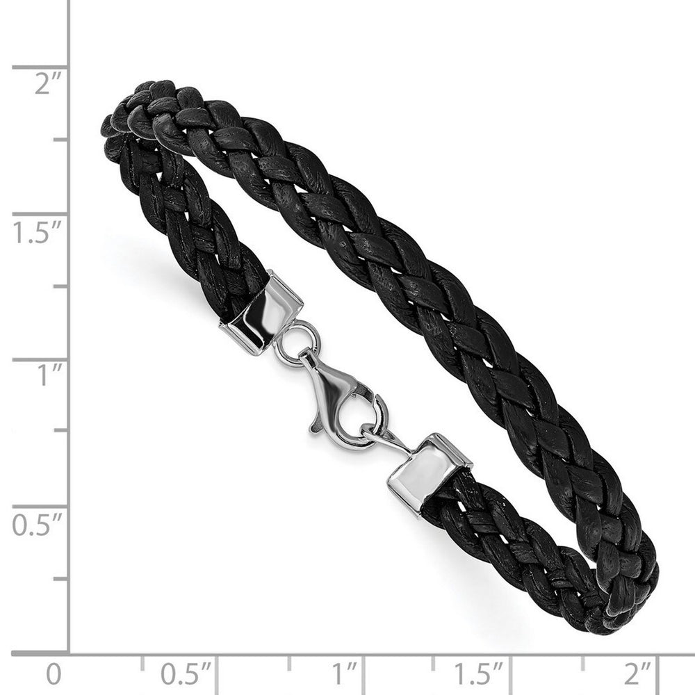 Curata 925 Sterling Silver 7" 8mm Black Leather Braided Bracelet