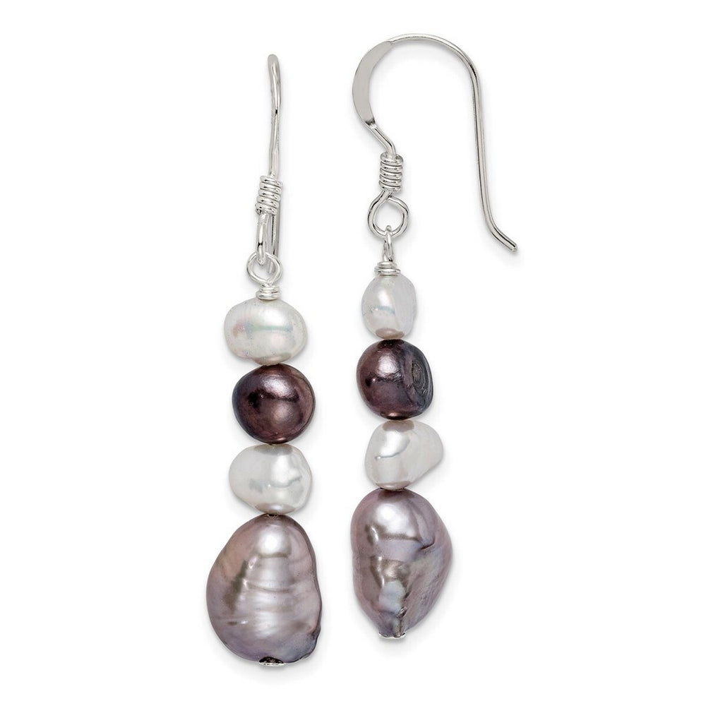 Curata 925 Sterling Silver 9x44mm White and Grey Cultured Pearl Dangle Hook Earrings