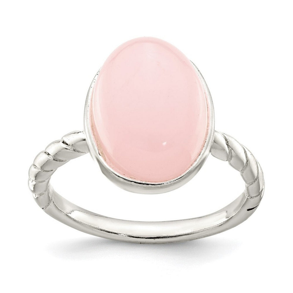 Curata 925 Sterling Silver 9x7mm Cabochon Rose Quartz Ribbed Ring