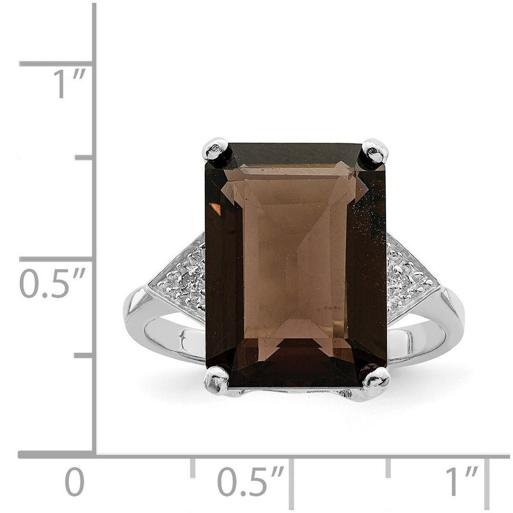 Curata 925 Sterling Silver 9x7mm Emerald-cut Smokey Quartz and Diamond Ring