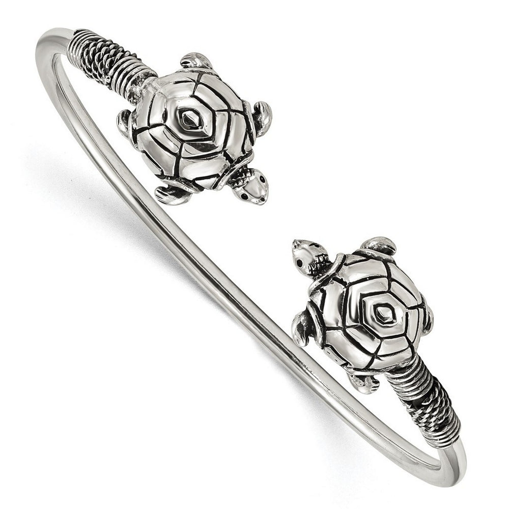 Curata 925 Sterling Silver Antiqued Turtle Flexible Cuff Bangle Bracelet