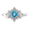 Curata 925 Sterling Silver Blue Topaz and Diamond Flower Ring