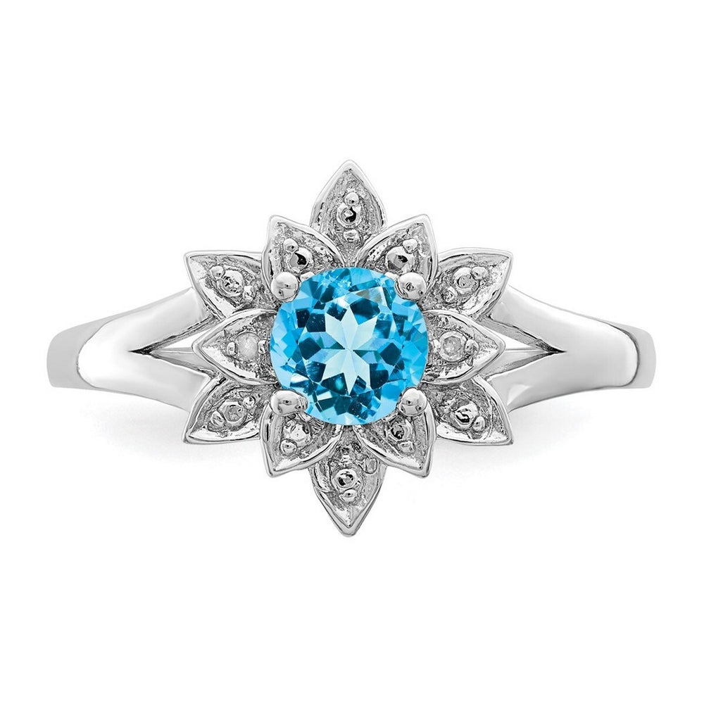 Curata 925 Sterling Silver Blue Topaz and Diamond Flower Ring