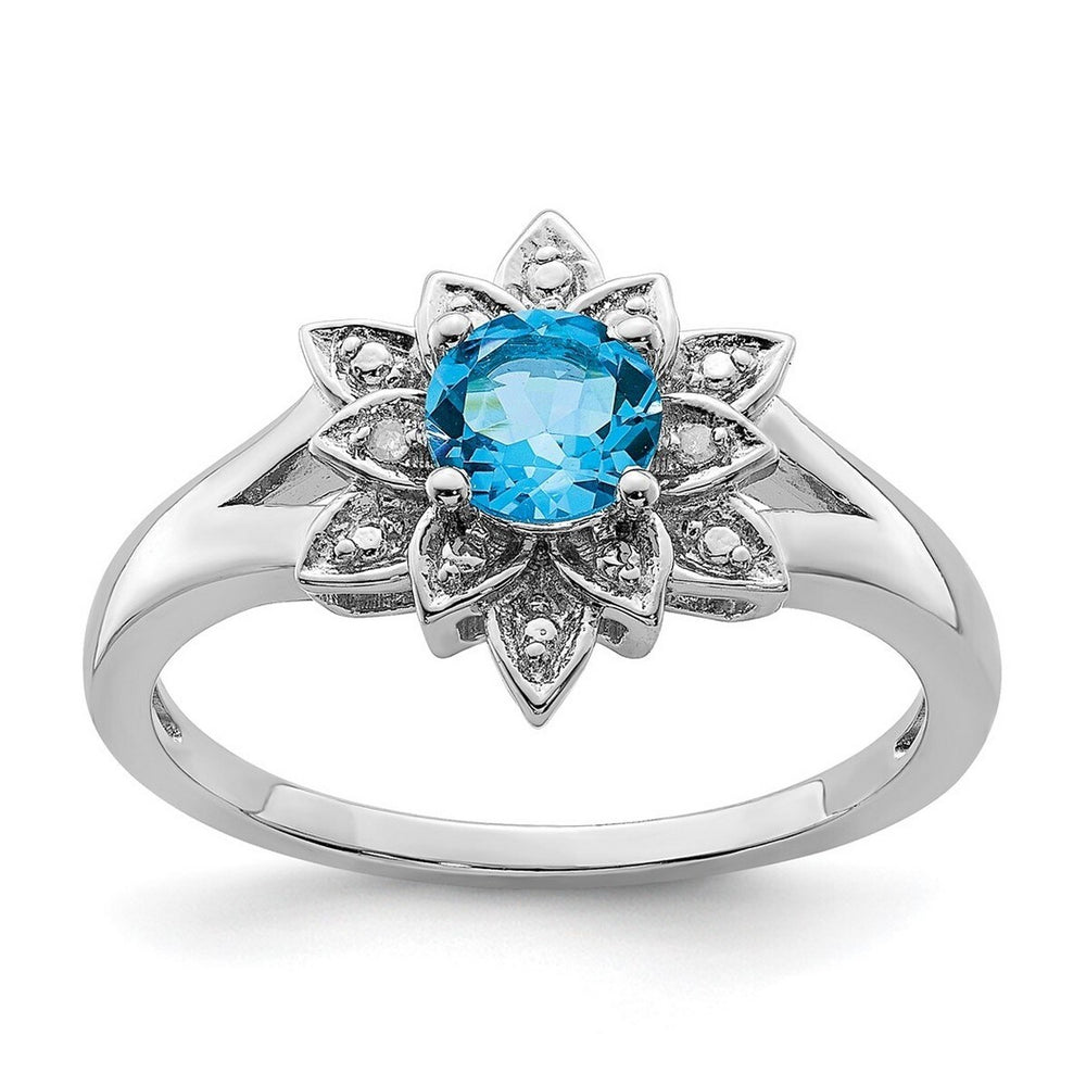 Curata 925 Sterling Silver Blue Topaz and Diamond Flower Ring