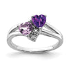 Curata 925 Sterling Silver Double Hearts Amethyst, Pink Quartz And Diamond Ring