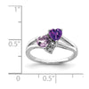 Curata 925 Sterling Silver Double Hearts Amethyst, Pink Quartz And Diamond Ring