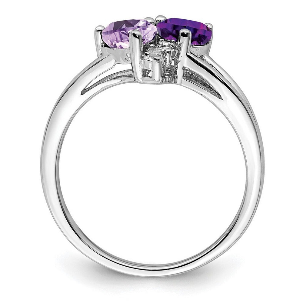 Curata 925 Sterling Silver Double Hearts Amethyst, Pink Quartz And Diamond Ring