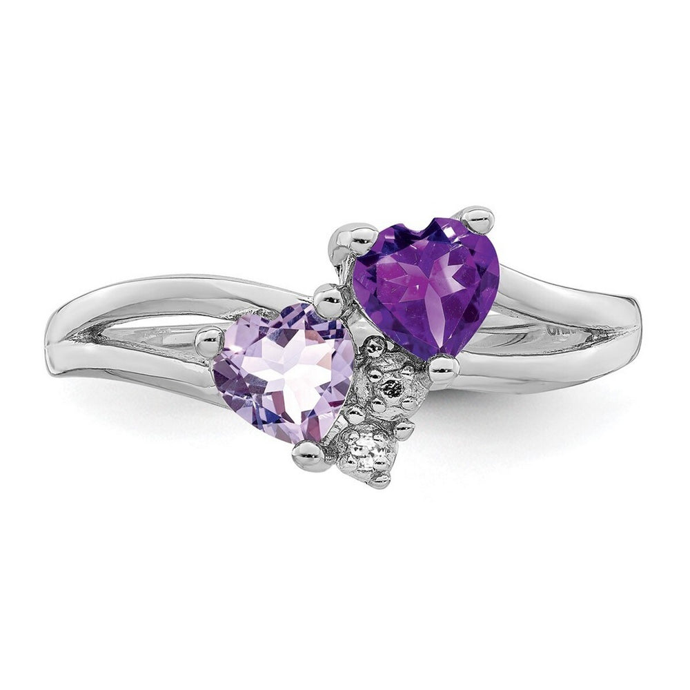 Curata 925 Sterling Silver Double Hearts Amethyst, Pink Quartz And Diamond Ring