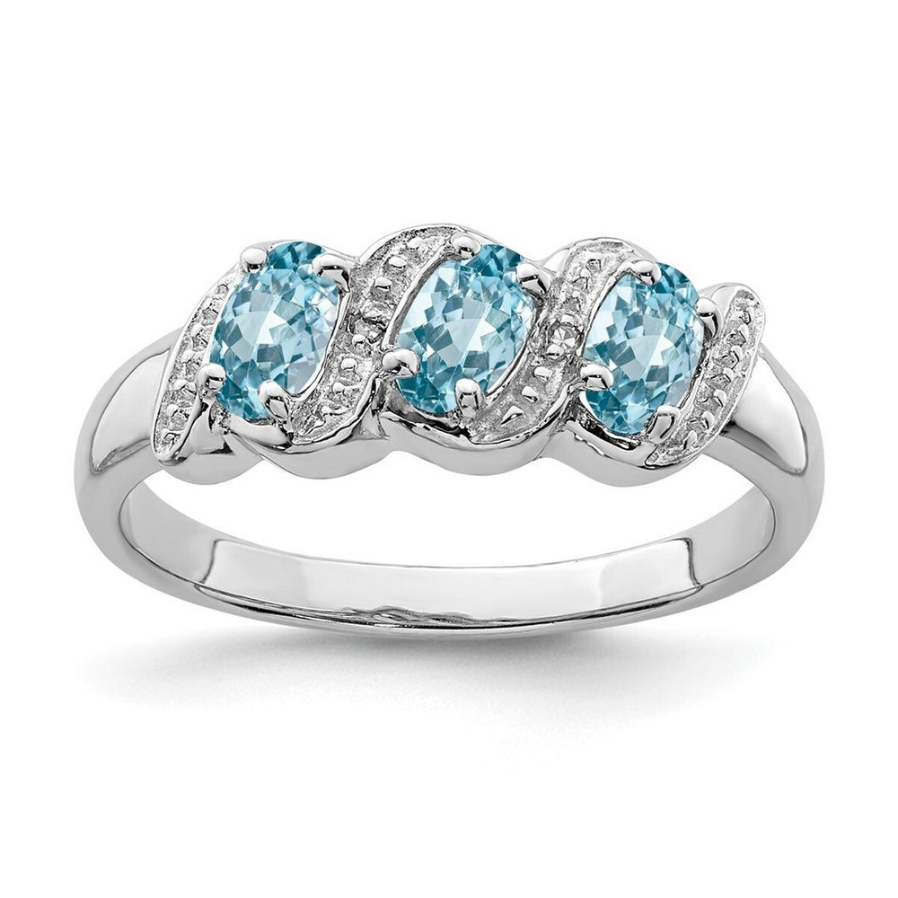 Curata 925 Sterling Silver Oval Swiss Blue Topaz and Diamond Slanted Band Ring