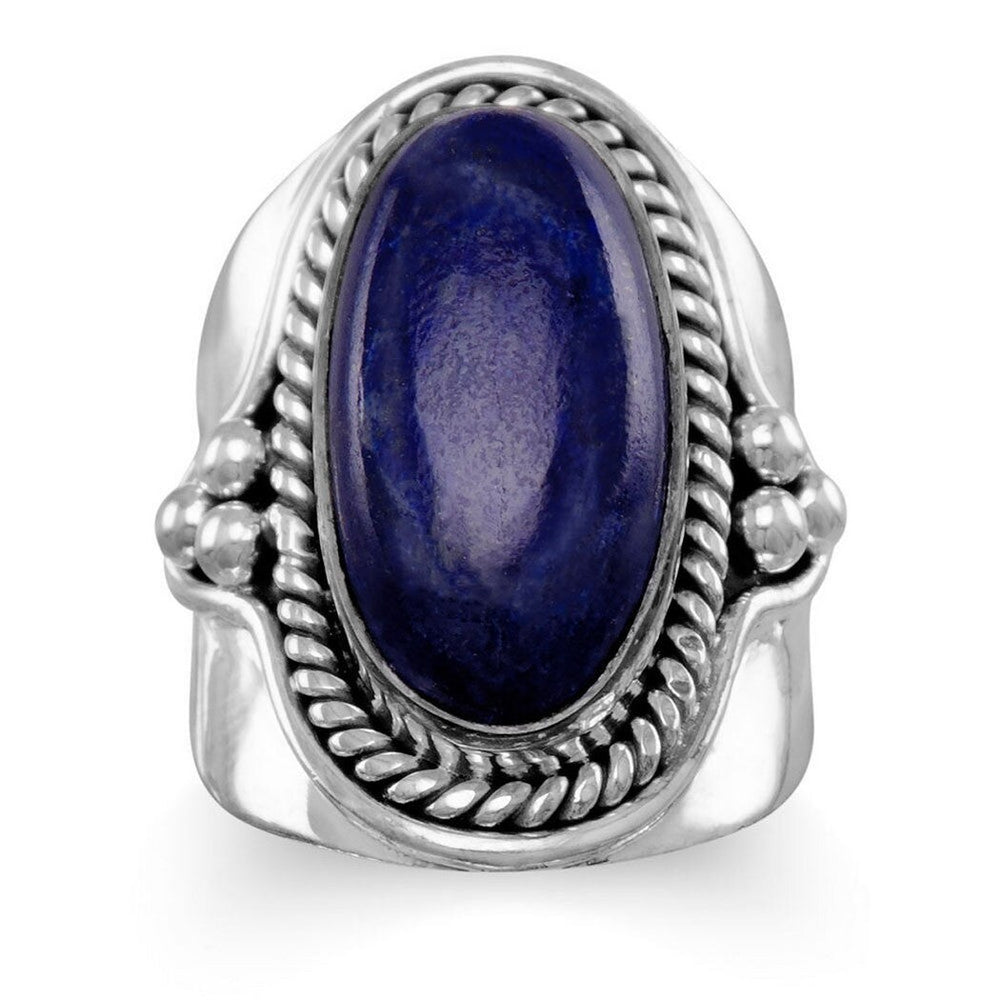 Curata 925 Sterling Silver Oxidized Rope Edged Large Blue Lapis Ring