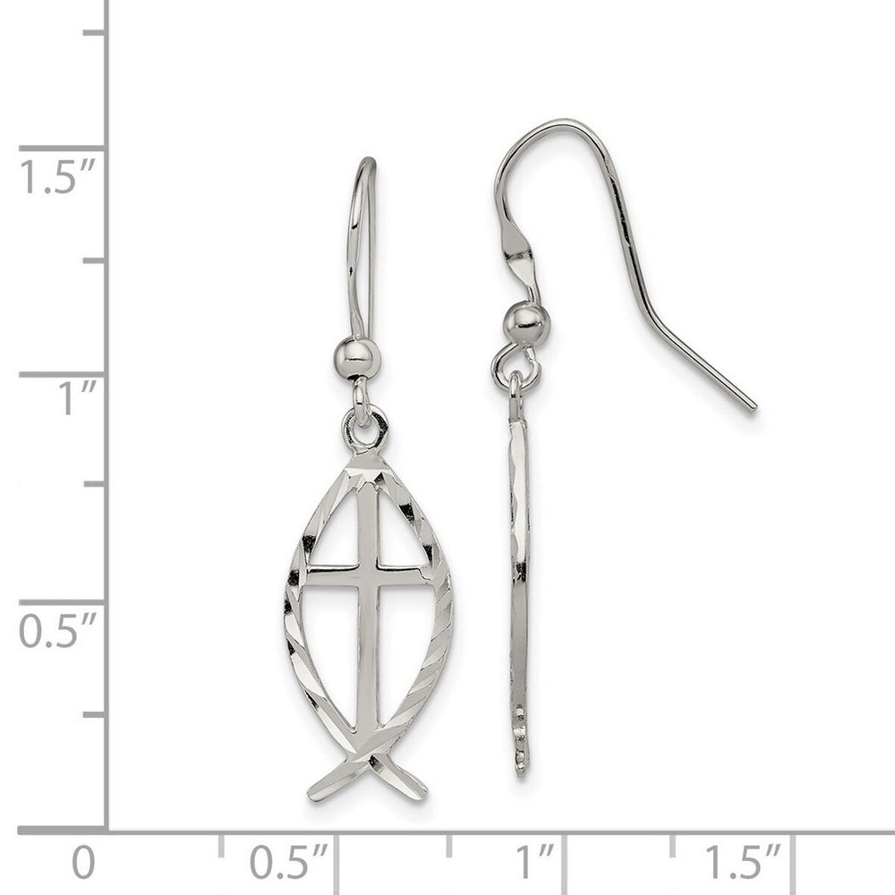 Curata 925 Sterling Silver Polished 11x37mm Hook Sparkle Cut Cross Sealife Fish Dangle Earrings