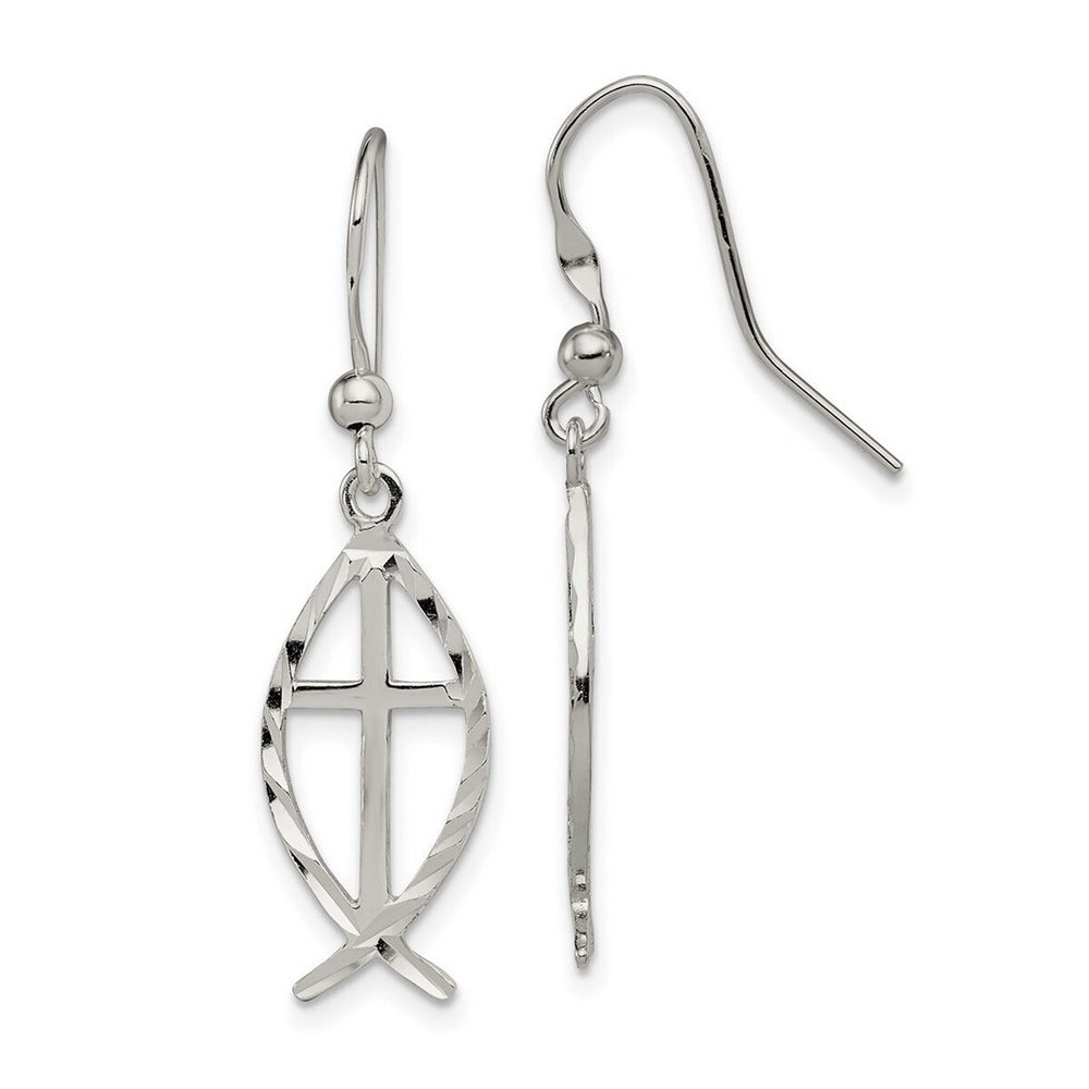 Curata 925 Sterling Silver Polished 11x37mm Hook Sparkle Cut Cross Sealife Fish Dangle Earrings