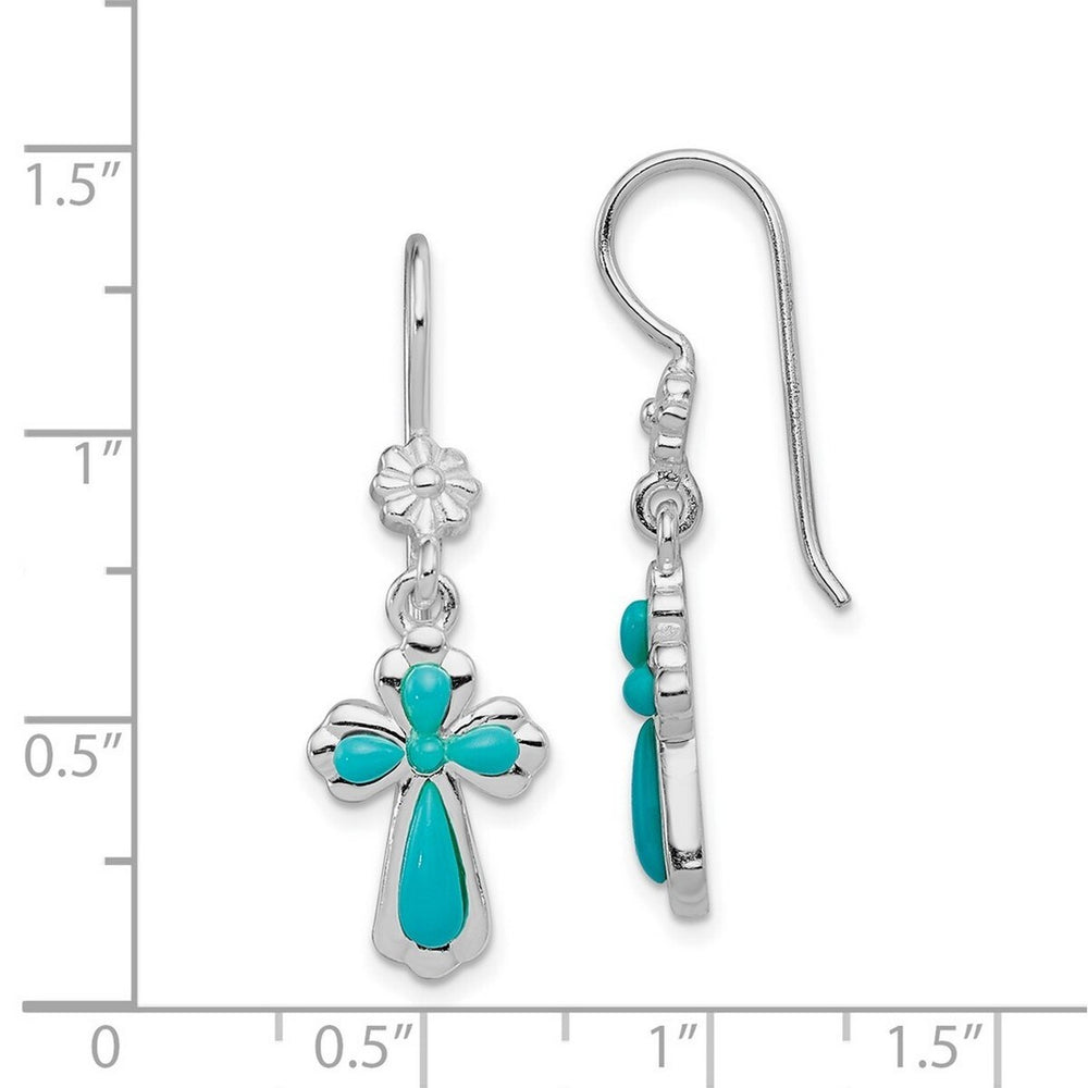 Curata 925 Sterling Silver Polished 12x36mm Simulated Turquoise Cross Hook Earrings