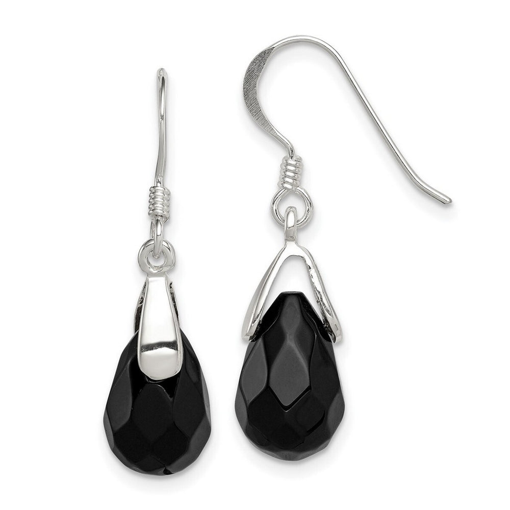 Curata 925 Sterling Silver Polished 8x30mm Hook Simulated Onyx Teardrop Dangle Earrings