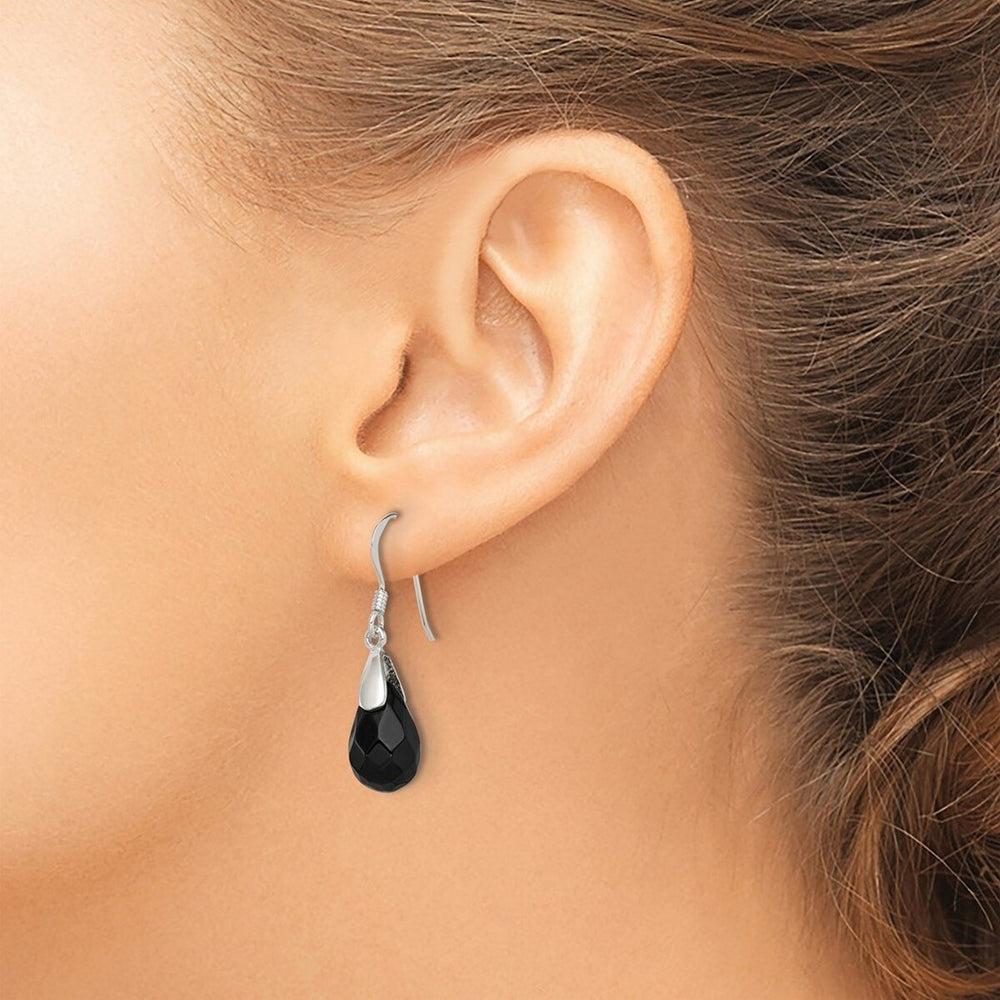 Curata 925 Sterling Silver Polished 8x30mm Hook Simulated Onyx Teardrop Dangle Earrings