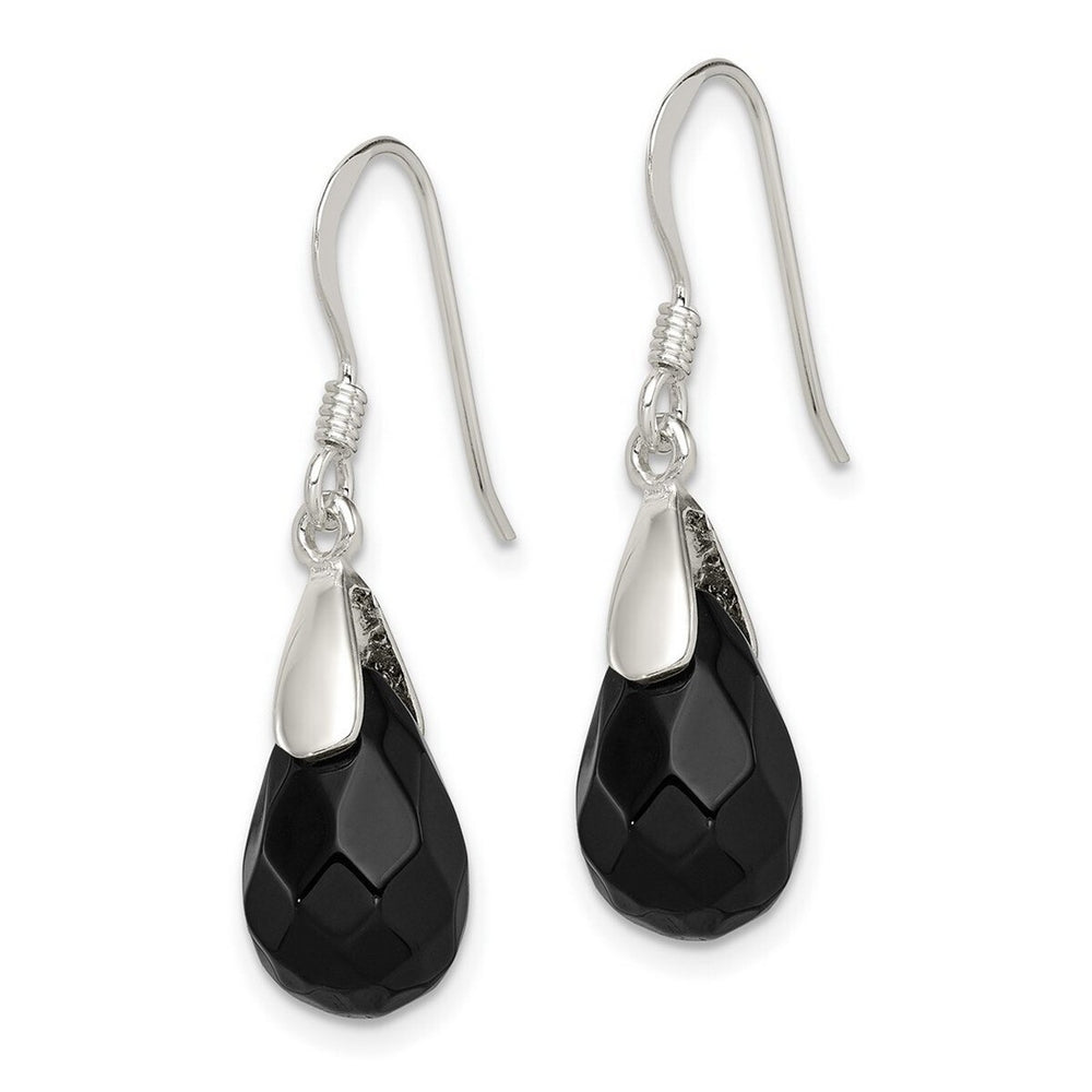 Curata 925 Sterling Silver Polished 8x30mm Hook Simulated Onyx Teardrop Dangle Earrings