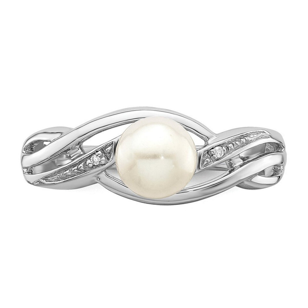 Curata 925 Sterling Silver Polished Rhodium Plated Diamond and Freshwater Cultured Pearl Ring