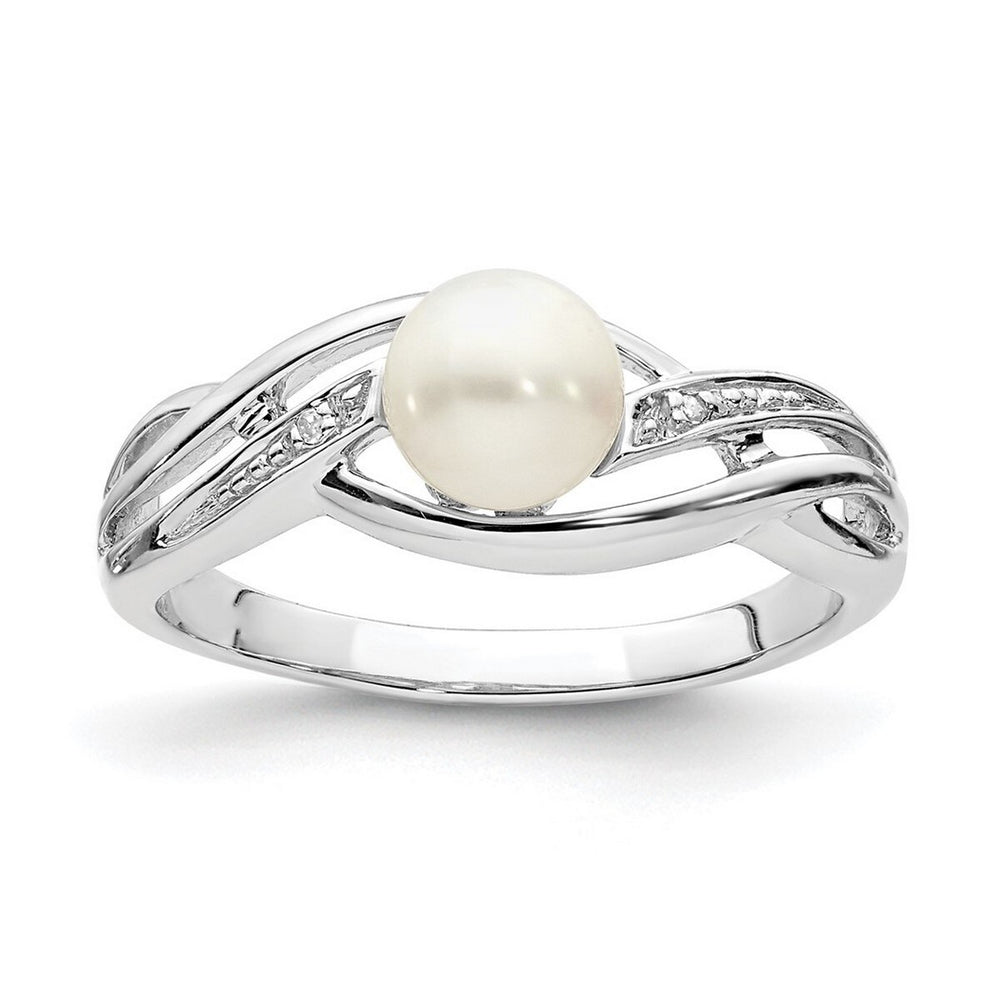 Curata 925 Sterling Silver Polished Rhodium Plated Diamond and Freshwater Cultured Pearl Ring