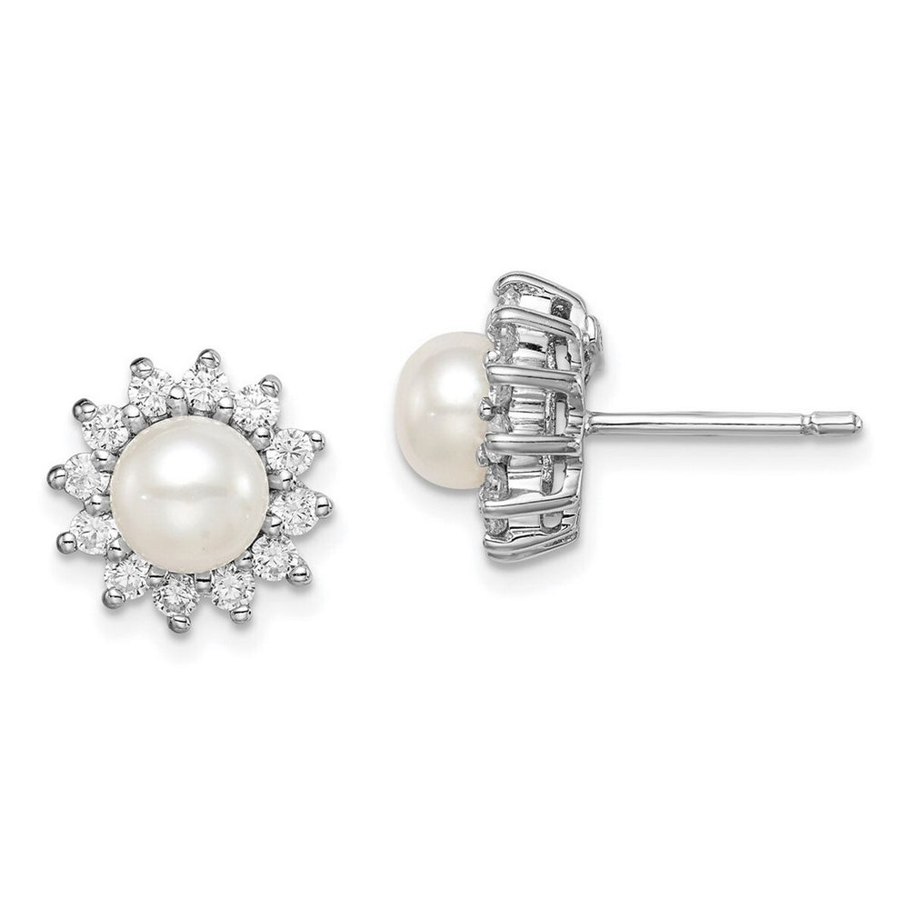 Curata 925 Sterling Silver Rhodium 11mm Cubic Zirconia and Cultured Pearl Post Earrings