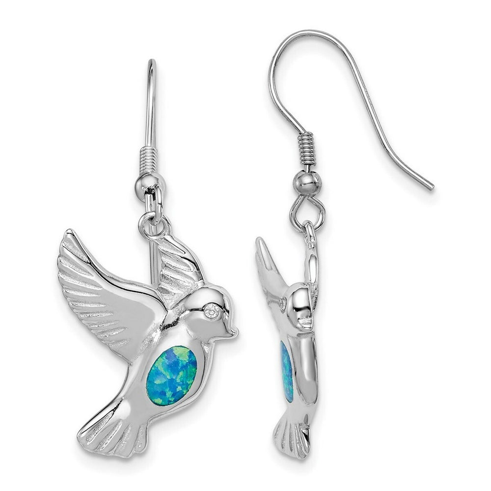 Curata 925 Sterling Silver Rhodium Plated 14x32mm Simulated Blue Opal Bird Long Drop Dangle Earrings