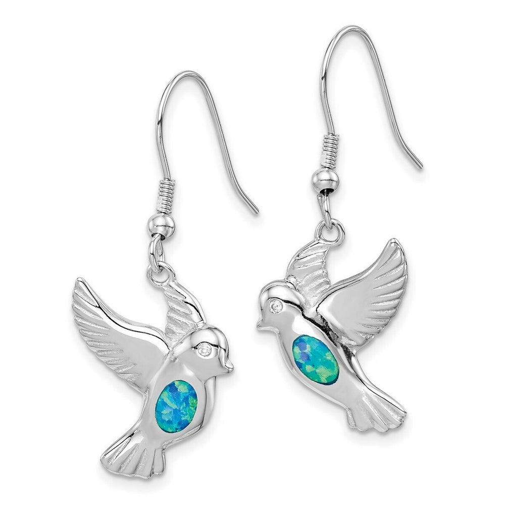 Curata 925 Sterling Silver Rhodium Plated 14x32mm Simulated Blue Opal Bird Long Drop Dangle Earrings