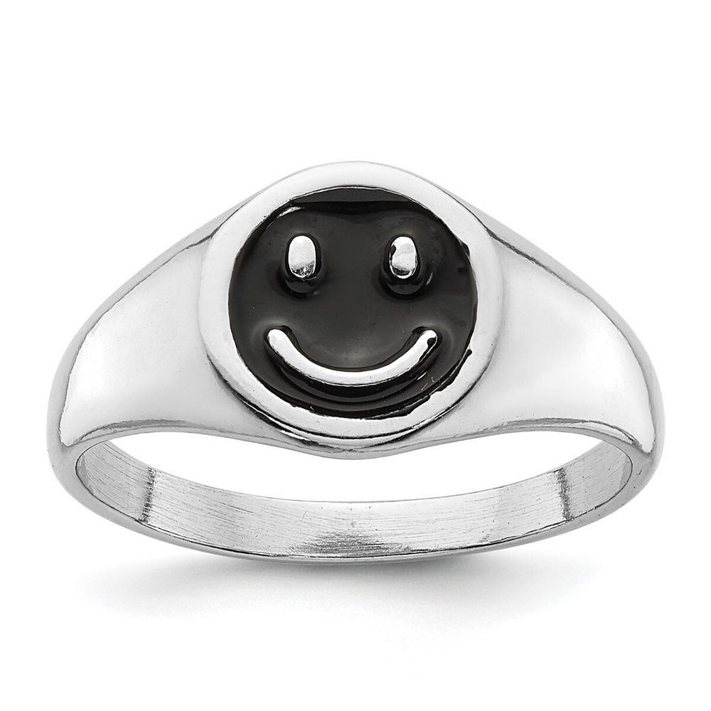 Curata 925 Sterling Silver Rhodium Plated Black Enamel Smiley Face Ring