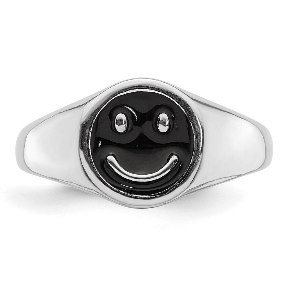 Curata 925 Sterling Silver Rhodium Plated Black Enamel Smiley Face Ring