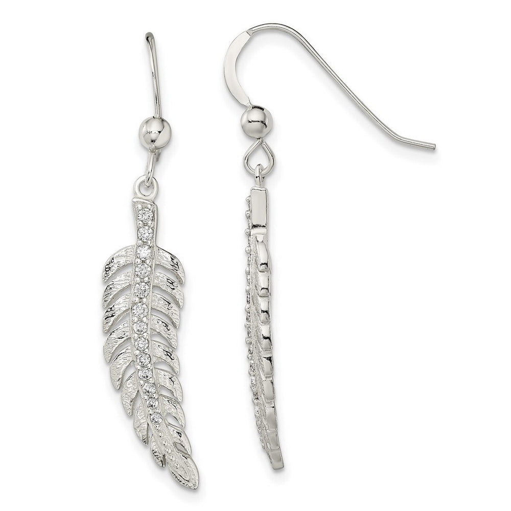 Curata 925 Sterling Silver Textured 7.8x39.6mm Cubic Zirconia Feather Hook Earrings