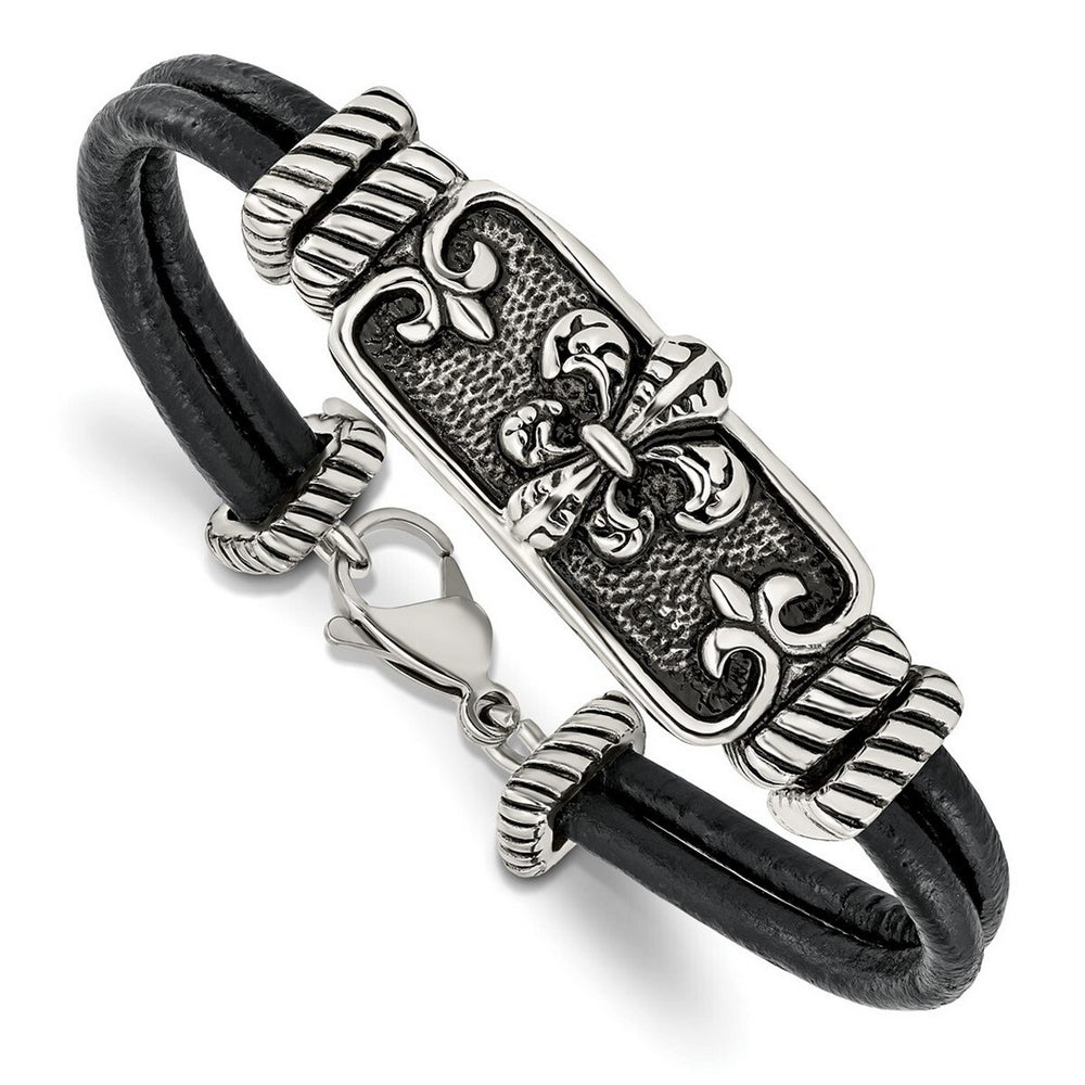 Curata Stainless Steel Mens 8.5" 9mm Fleur De Lis Black Leather Bracelet